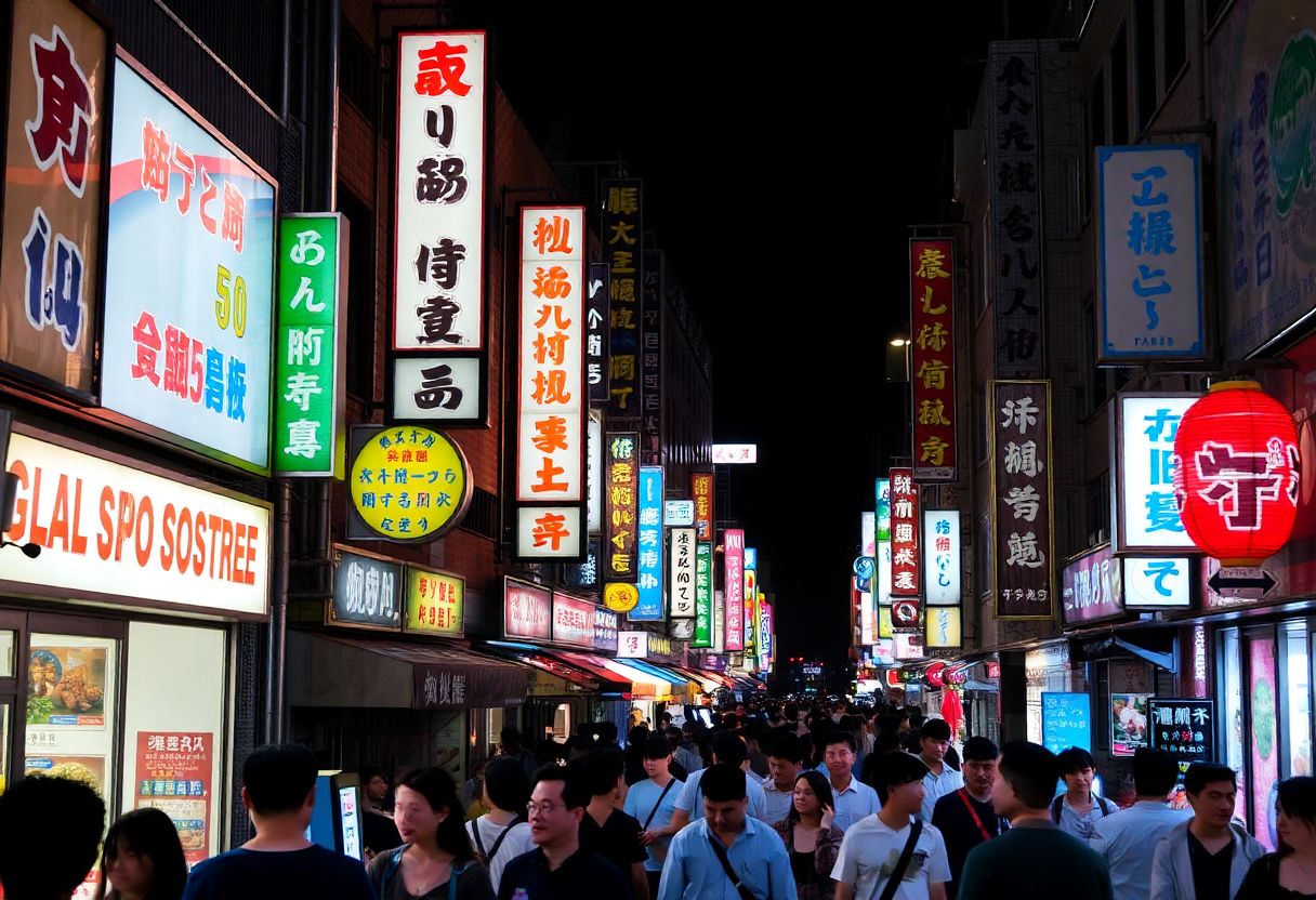 Crowded street at night with vibrant neon signs in various colors, bustling atmosphere.