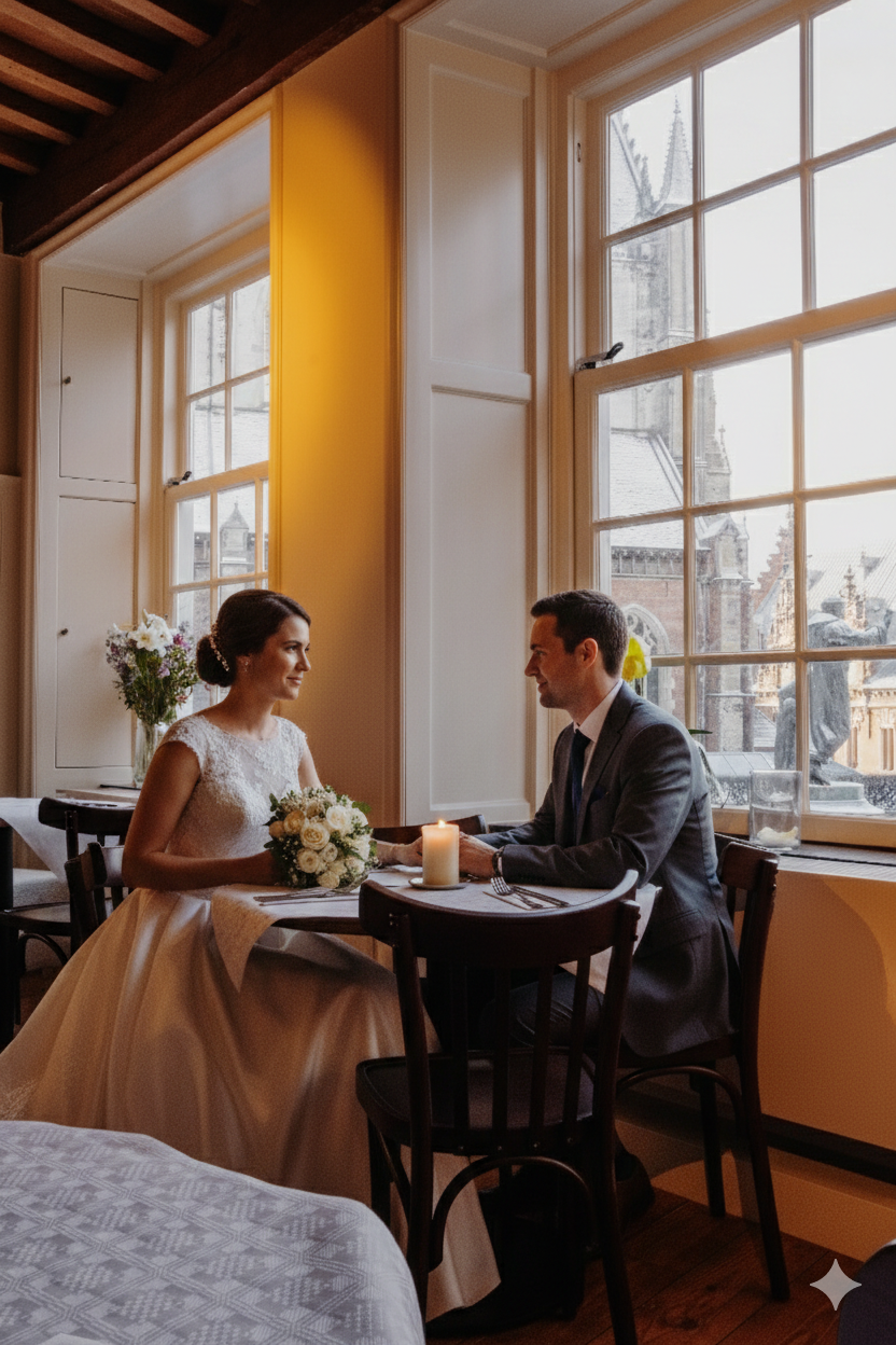 Bruidspaar aan tafel in romantisch verlichte kamer met grote ramen en uitzicht op historische gebouwen.