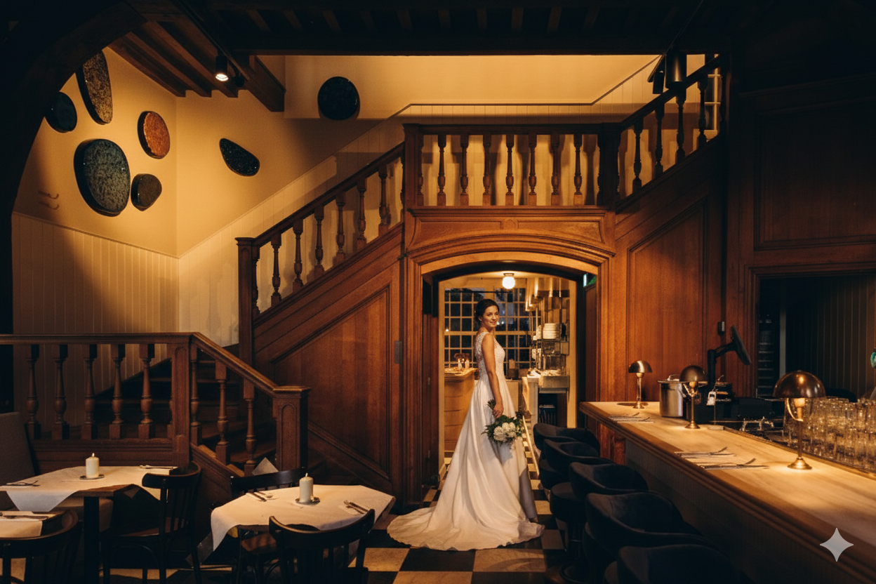 Bruiloftssfeer in houten interieur met bruid in witte jurk, kaarsen op tafels, warme verlichting.