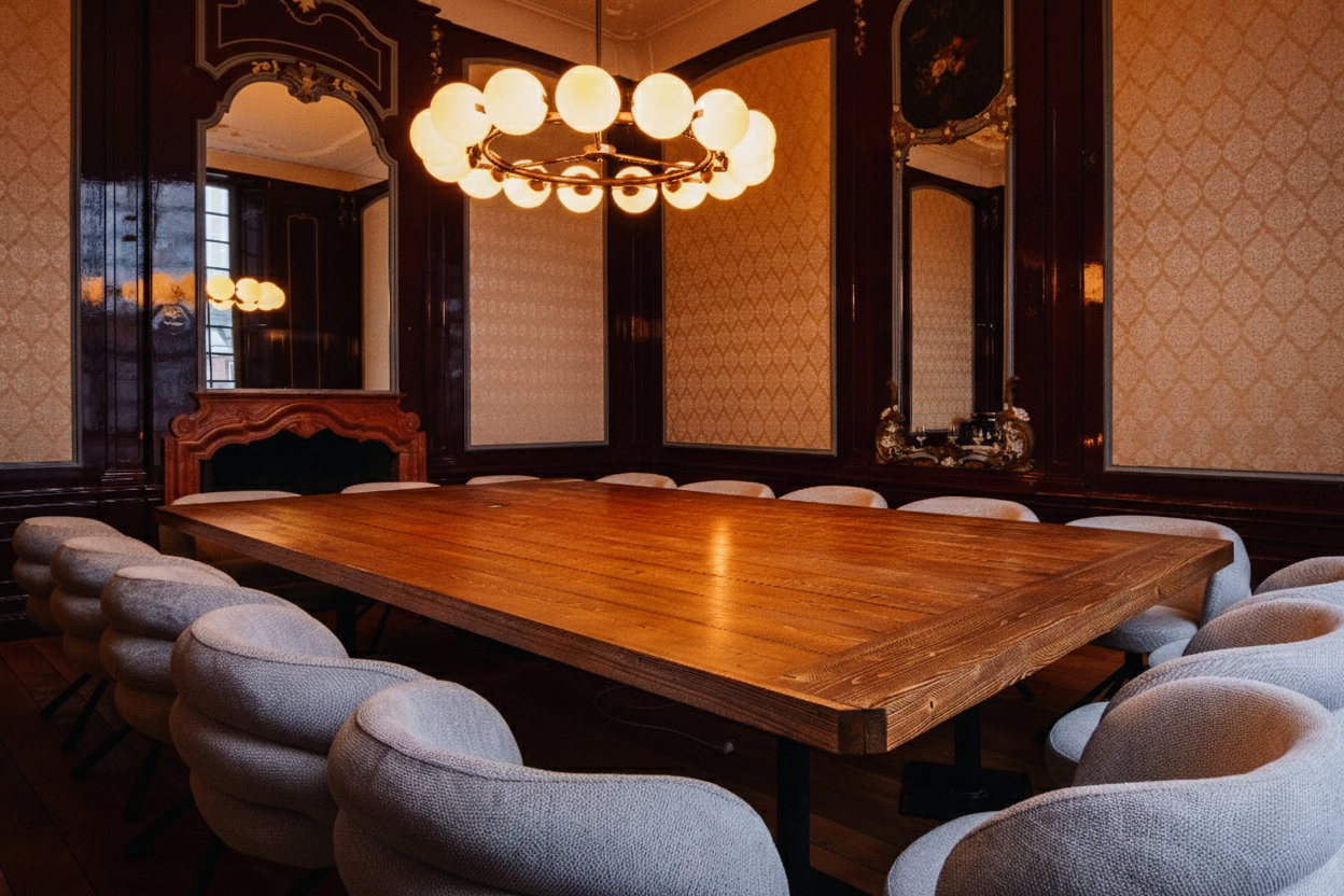 Grote houten tafel omringd door zachte grijze stoelen in een elegante kamer met warme verlichting en klassieke decoratie.