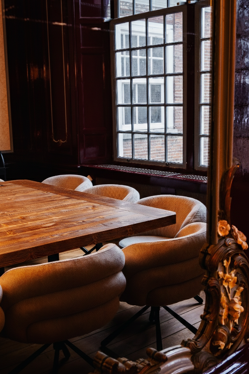 Houten tafel met beige stoelen in een sfeervolle ruimte met grote ramen en donkere, elegante lambrisering.