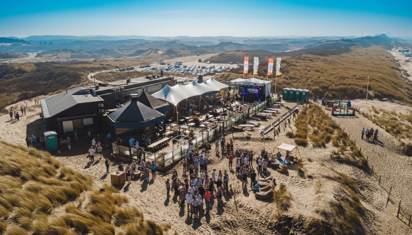 Strandpaviljoen met terras en mensen, omgeven door zandduinen en blauwe lucht, levendige sfeer.