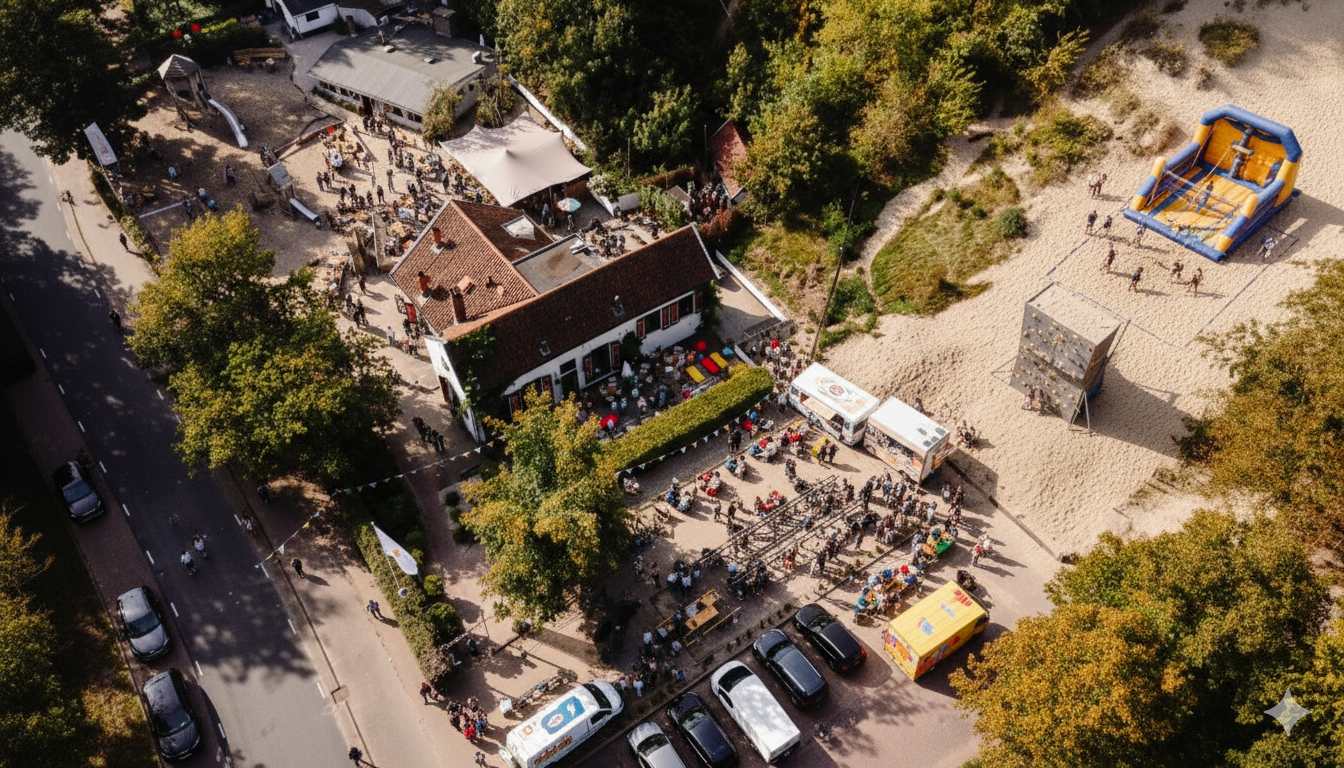 Luchtfoto van een druk terras naast een wit gebouw met rood dak, omgeven door bomen en zandactiviteiten.