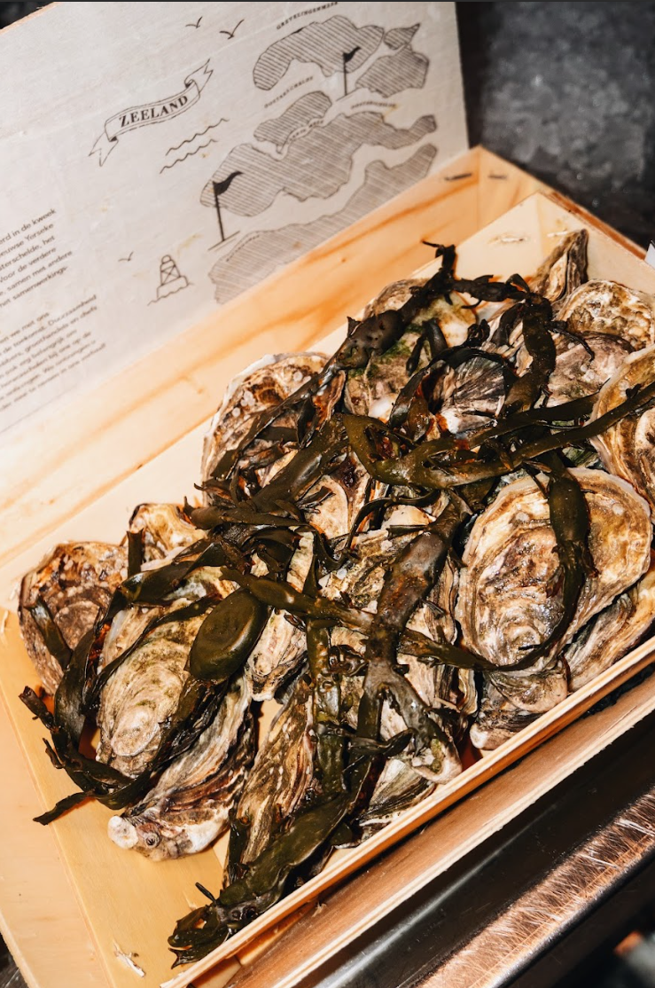 Verse oesters met zeewier in een houten kist, achtergrond met kaart van Zeeland, warme verlichting.