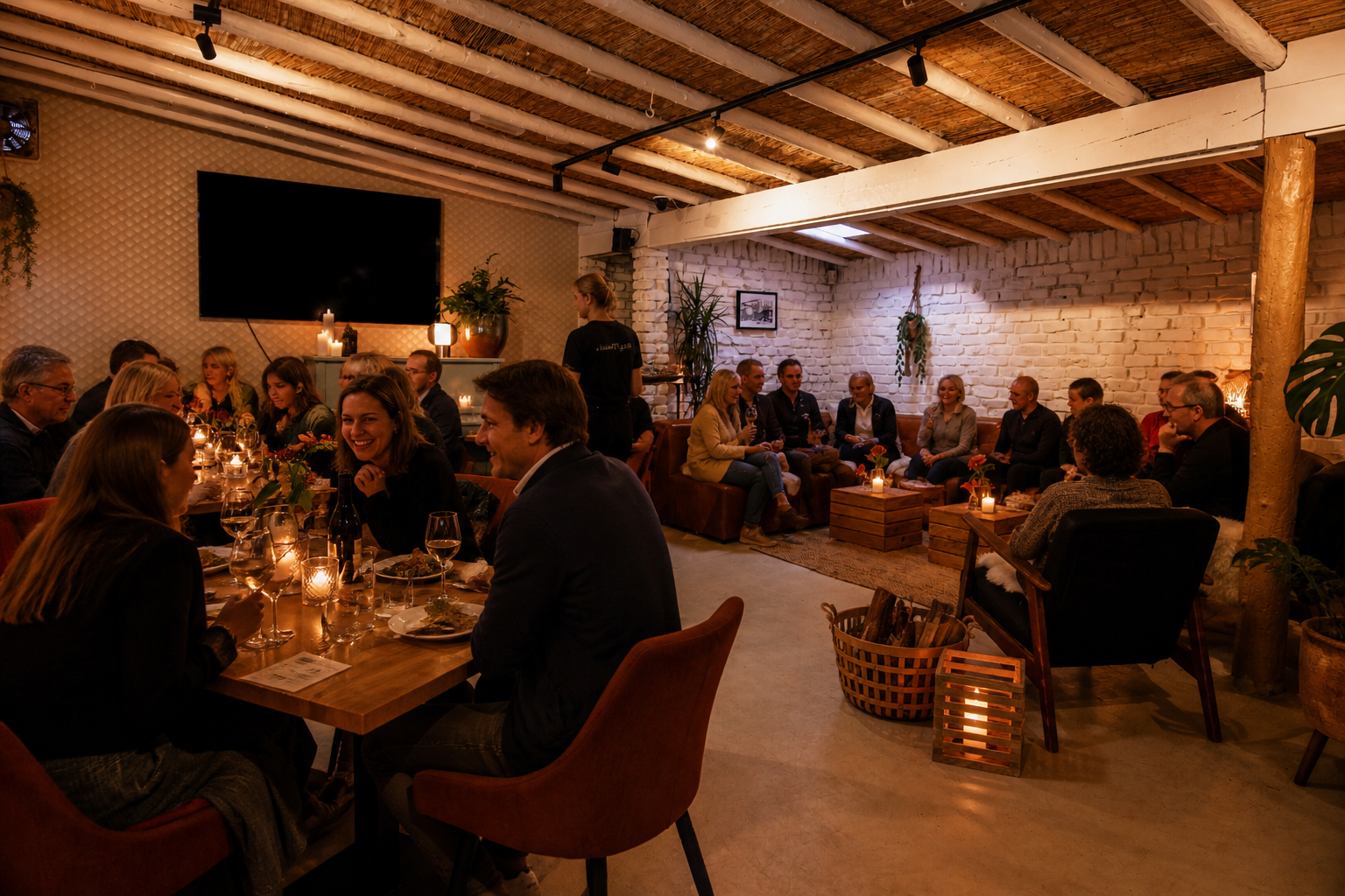 Gezellige eetkamer met houten plafond, kaarslicht, mensen aan tafels en comfortabele zitjes, warme sfeer.