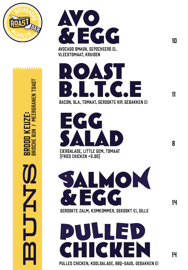 Menu met broodjesopties zoals Avo & Egg, Roast BLTCE, Egg Salad, Salmon & Egg en Pulled Chicken.