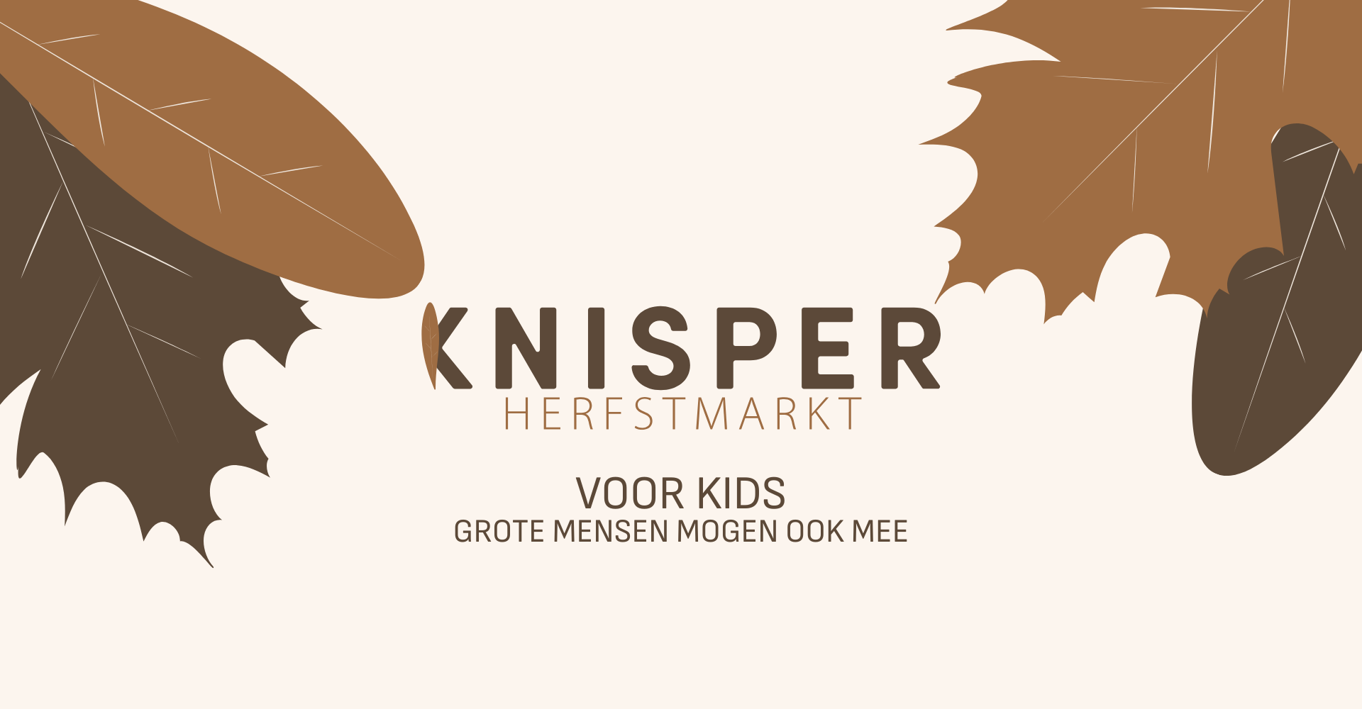 Knisper herfstmarkt poster met bruine bladeren, geschikt voor kinderen en volwassenen, op een lichte achtergrond.