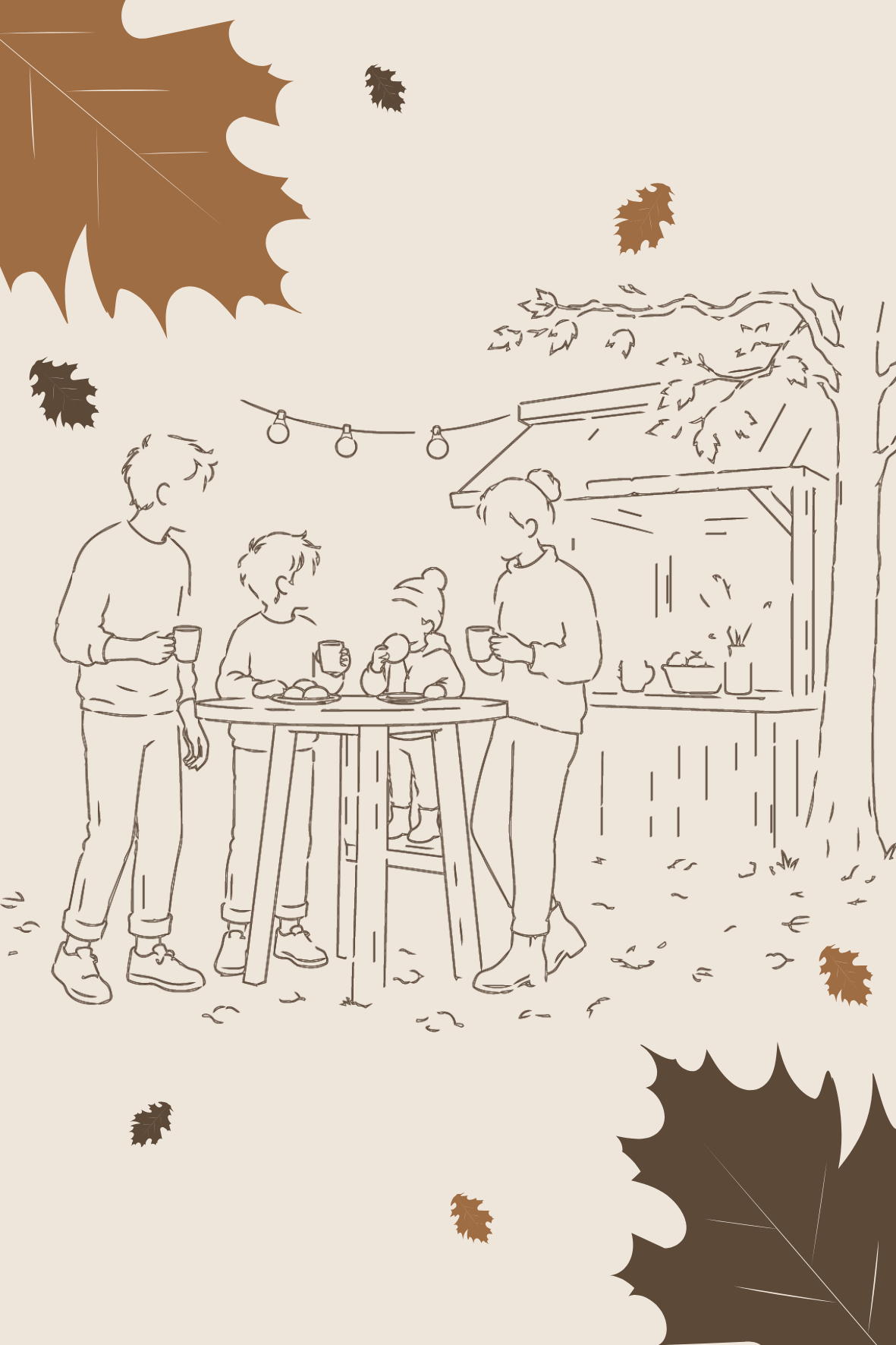 Gezelschap van vier mensen geniet van warme dranken aan een hoge tafel in een herfstachtige tuinsetting.