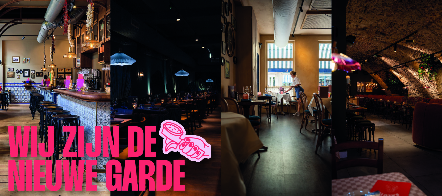 Stijlvolle restaurantinterieurs met warme verlichting, houten vloeren en gezellige zitplekken.