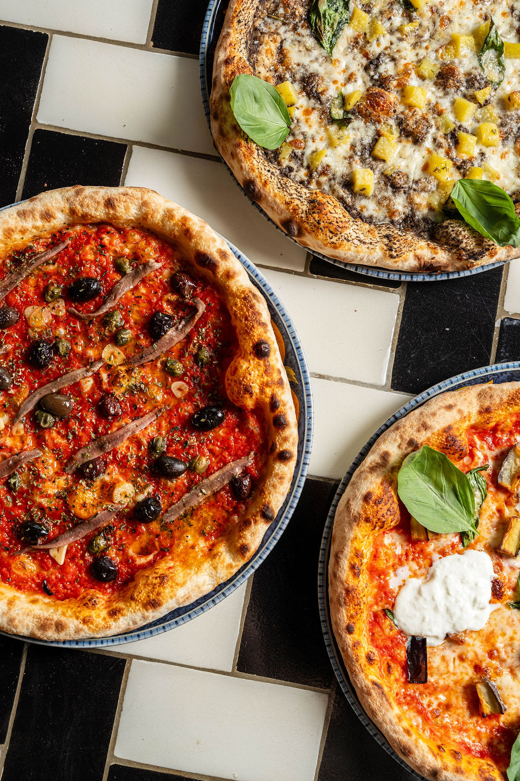 Three artisan pizzas on a tiled surface, featuring vibrant toppings like anchovies, olives, and fresh basil.