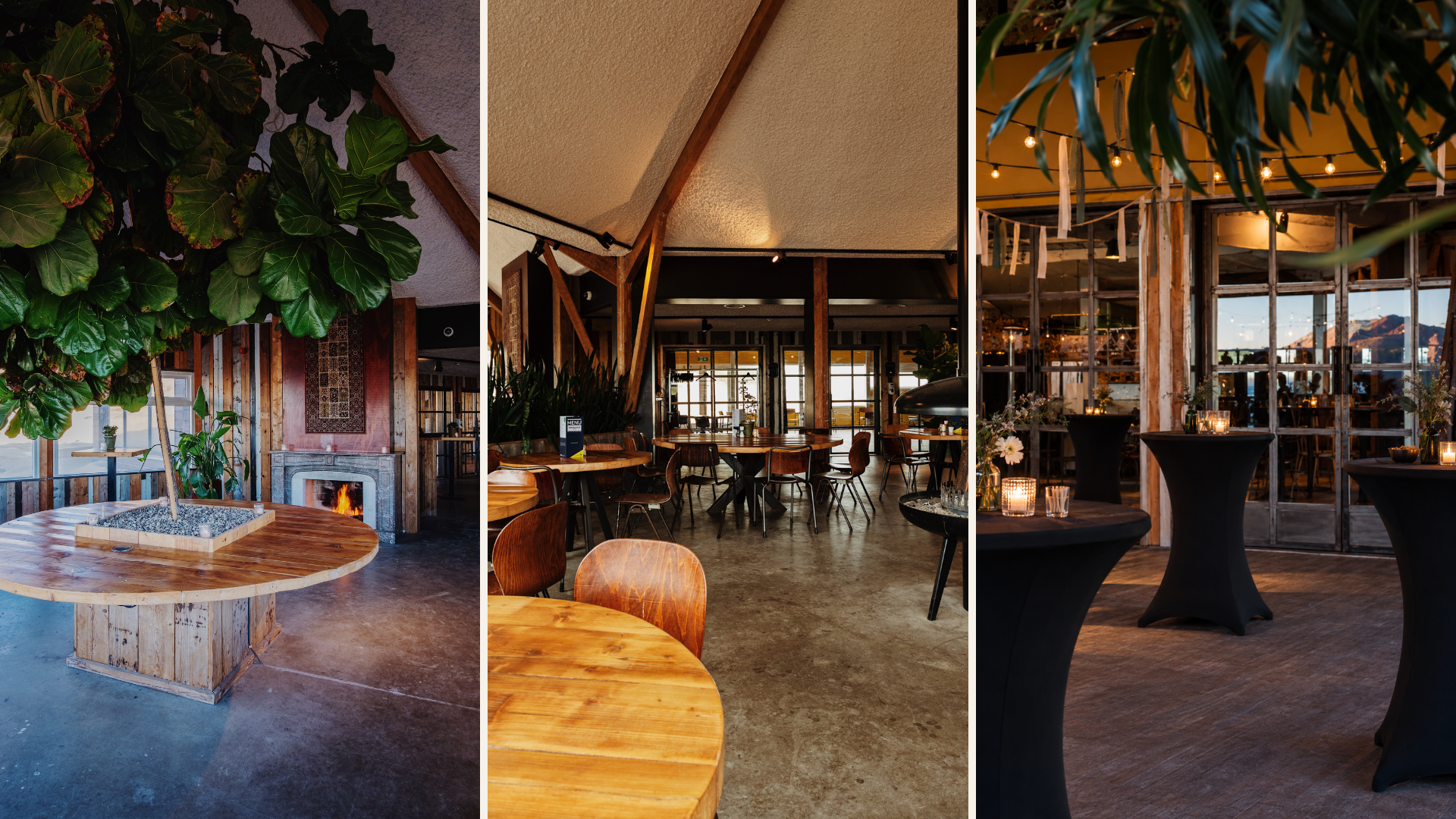 Gezellige restaurantinterieurs met houten tafels, groene planten en sfeervolle verlichting, warme en uitnodigende sfeer.
