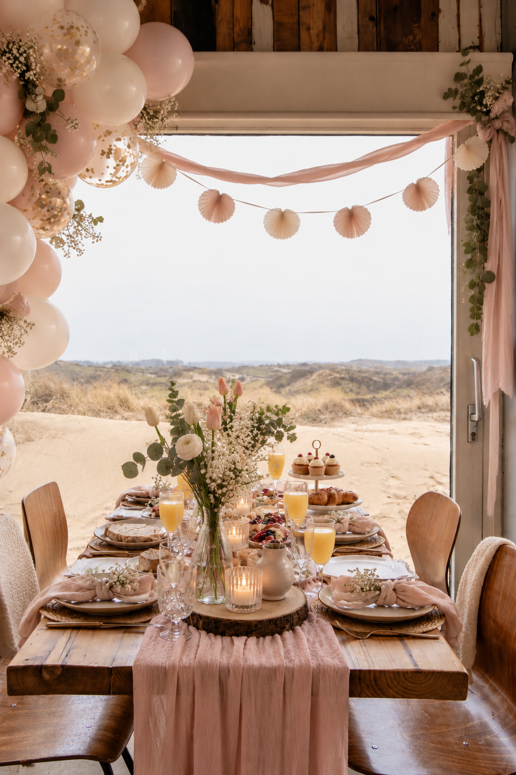 Feestelijke tafel met roze decor, bloemen, en brunchgerechten zoals croissants en cupcakes, met uitzicht op duinen.