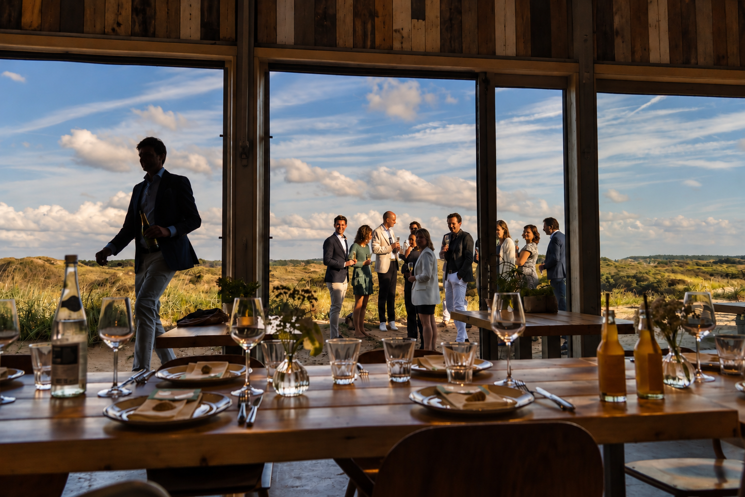 Gezellig diner met gedekte tafel en glazen, groep mensen genietend van een zonnige buitenomgeving.