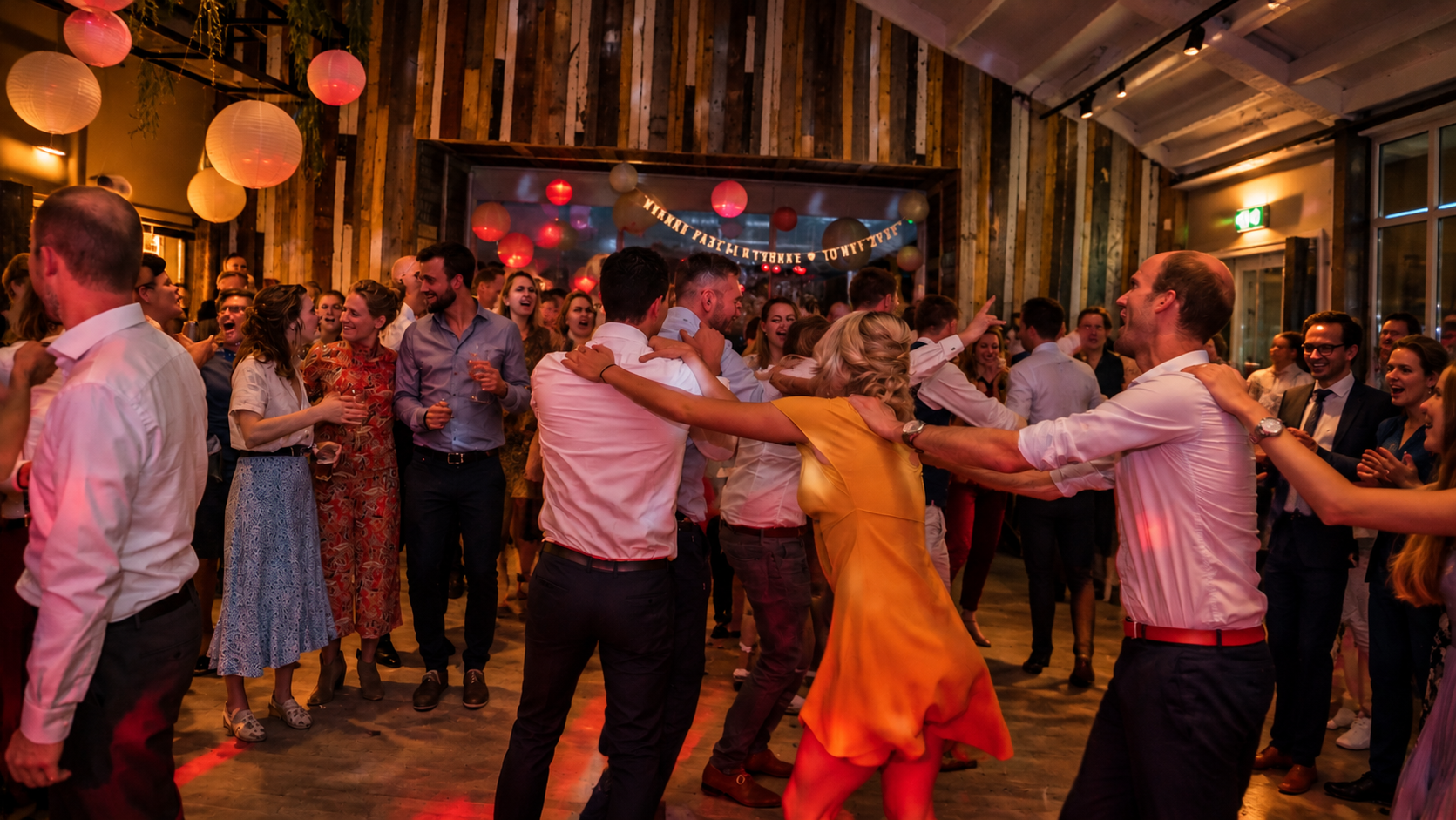 Feestende mensen in een sfeervolle zaal met houten wanden en warme verlichting, omringd door kleurrijke lampionnen.