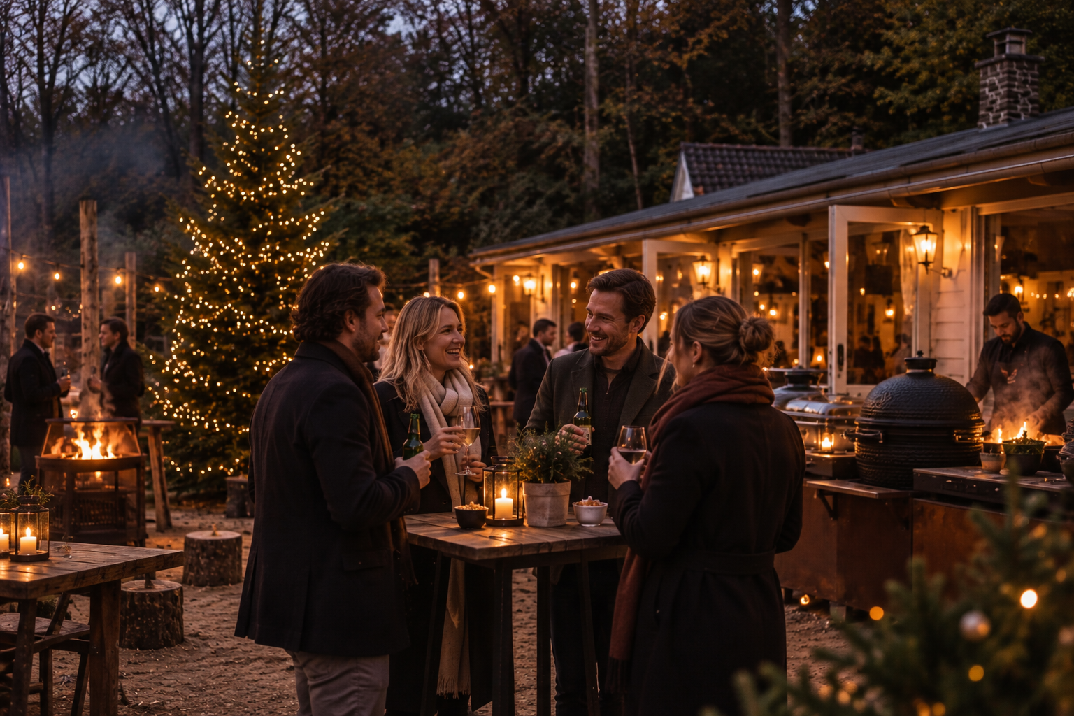 Vier mensen staan bij een houten tafel buiten, omringd door sfeerverlichting en een verlichte kerstboom.