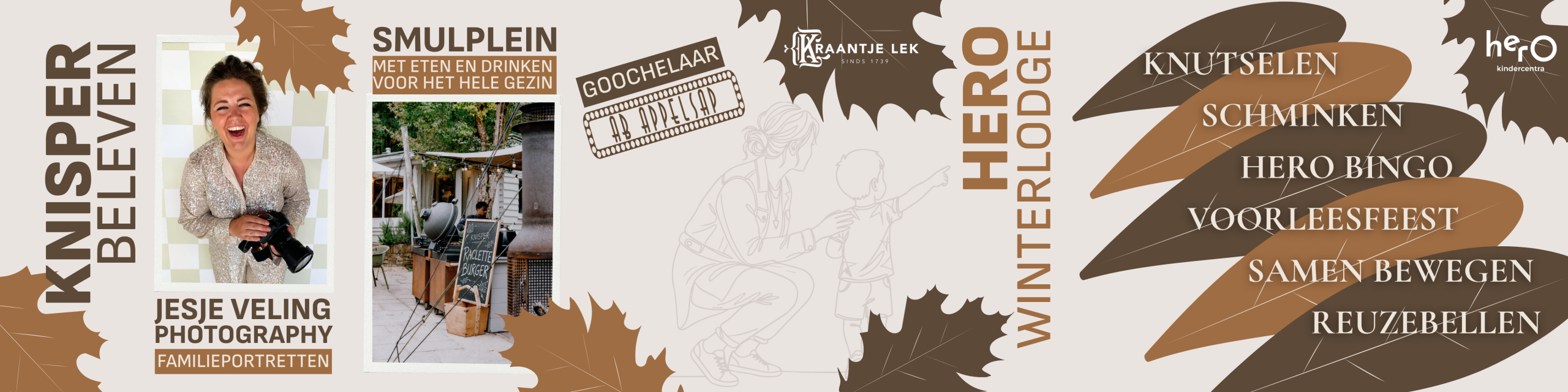 Herfstthema poster met Jesje Veling en een gezellige buitenruimte voor familie-evenementen en activiteiten.