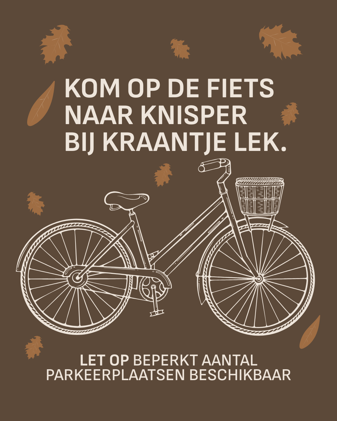 Witte lijntekening van een fiets met mand op een bruine achtergrond, omringd door herfstbladeren.